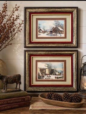 2 Currier and Ives Lithograph Prints. Winter/Farm Scenes | Gold Gilt Red Velour